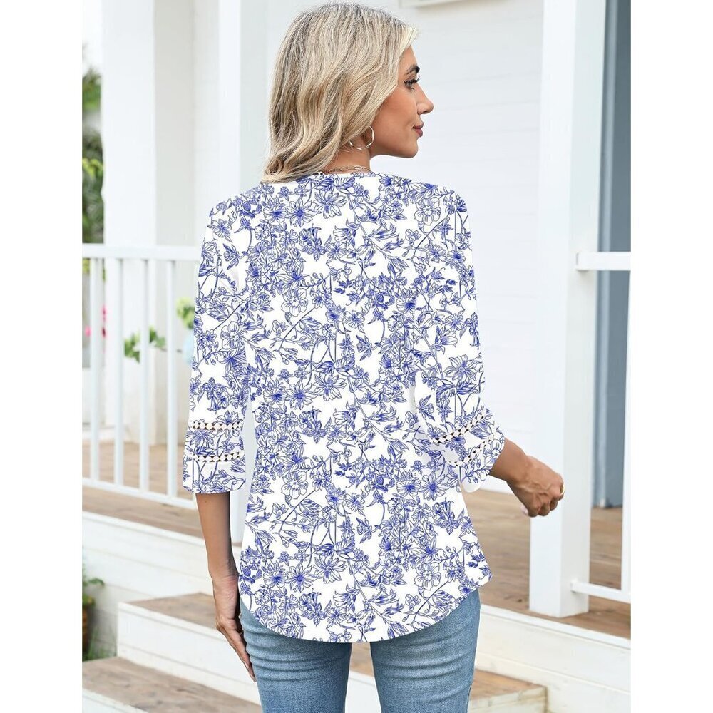 Womens Lace Embroidered V Neck Tunic Top Summer Casual Loose Fit - Picture 2 of 5